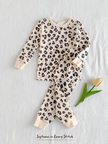 Cozy Pixies Baby Girls 2 Pieces Leopard Print Knit Soft Round Neck Short Sleeve Top And Elastic Waist Slim Fit Pants Pajama Set