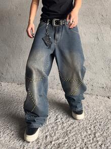 Manfinity EMRG Jeans masculino com perna larga e decoração de rebites em gradiente estilo vintage - Lavagem escura - Ver 5