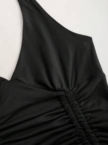 Sweetra Đầm ngắn ôm vừa vặn không đối xứng cạp chun phong cách cổ điển Waste Land, Đầm thiết kế độc đáo cho nữ với tông màu Maillard - màu đen - Xem 5