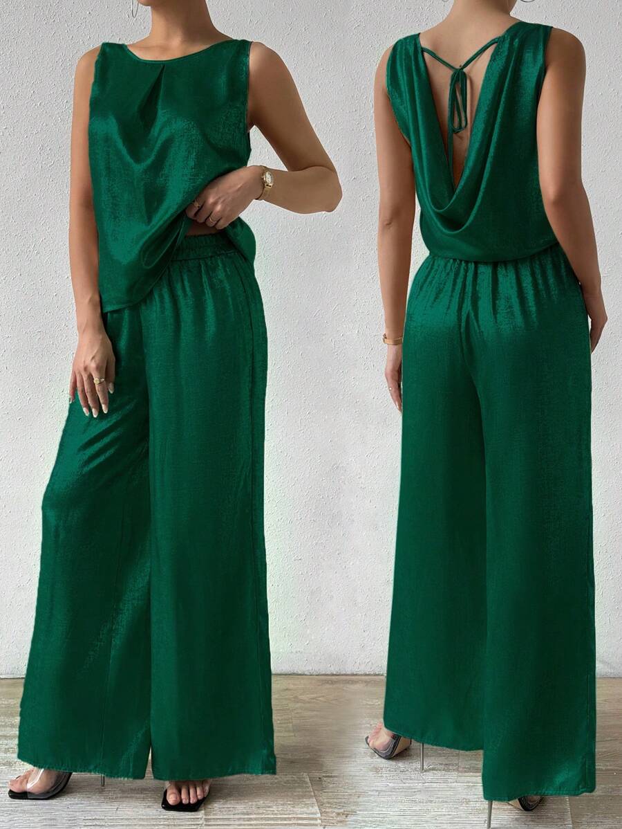 SHEIN Unity 女士时尚金属色长裤两件套新年节日派对服装 - 綠色 - 查看 1
