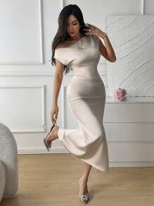 DAZY Vestido de satén de longitud media con cuello oblicuo y ajuste a la cintura para cóctel - Blanco - Ver 3