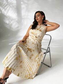 Firerie Conjunto de top sin mangas con cuello redondo y falda plisada holgada con estampado aleatorio de lámina de oro elegante y casual para vacaciones en talla grande, para primavera/verano