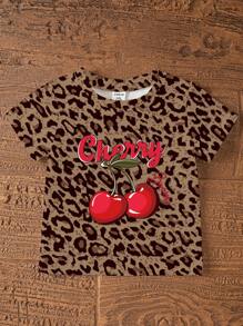 SHEIN 2 件套女婴樱桃豹纹圆领短袖 T 恤和黑色针织紧身短裤套装，Y2K 风格儿童夏季服装 - 彩色 - 查看 6