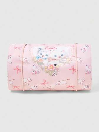 Kawaii Bolsa portátil de aseo y cosméticos de moda adorable con estampado de gato y lazo, 330x365mm