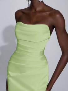 Elitara Women's Simple Solid Color Strapless High Slit Satin Wedding Dress - Mint Green - View 7