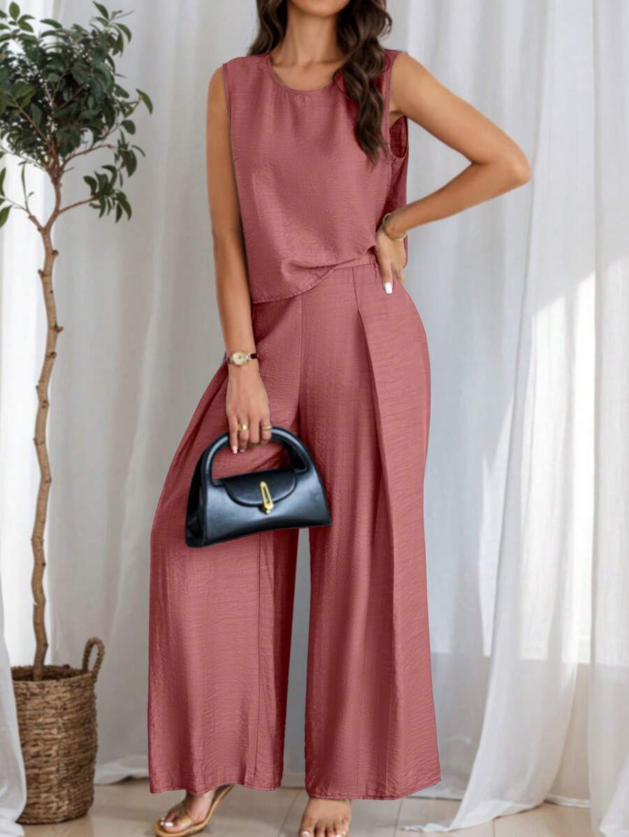 EMERY ROSE Women's Summer Casual Solid Color Vest And Wide Leg Pants Two-Piece Set - Coral Orange - View 1