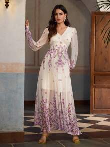 ZEYLAH Vestido elegante de manga larga con cuello en V y estampado floral de ubicación, vestido de vacaciones, primavera/verano - Multicolor - Ver 4