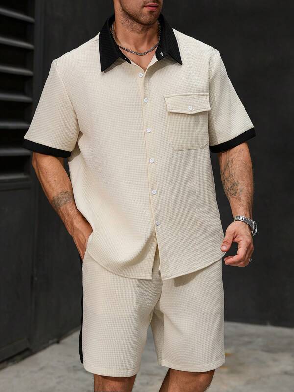 Manfinity Homme Plus Size Men's Contrast Trim Short Sleeve Shirt And Cargo Shorts Set