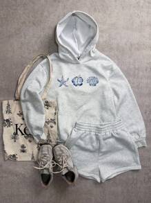 Attitoon 2pcs Summer Casual & Loose Short Sweatshirt Set With Starfish & Hibiscus Print Pattern, Hooded Pullover, Suitable For Sports, Vacation & Seaside Autumn And Winter - Grey - View 7