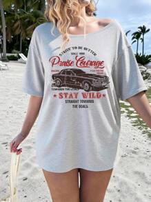 SHEIN Essnce Vintage Casual Minimalist Car Graphic Grey Plus Size Women T-Shirt, Suitable For Summer - Light Grey - View 2