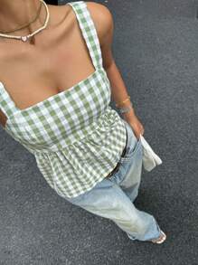 Serisse Plaid Print Ruffle Hem Tie Up Backless Cami Top Summer