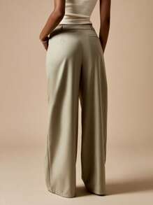 MISSGUIDED Pleated Wide Leg Dress Pants Professional Office Work Trousers Palazzo Style Business Formal Wear - Green - View 2