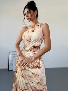 Firerie 新款女式夏季休闲浪漫优雅约会不对称渐变扎染印花腰部镂空荷叶边下摆单肩连衣裙，女式夏季连衣裙 - 卡其色 - 查看 1