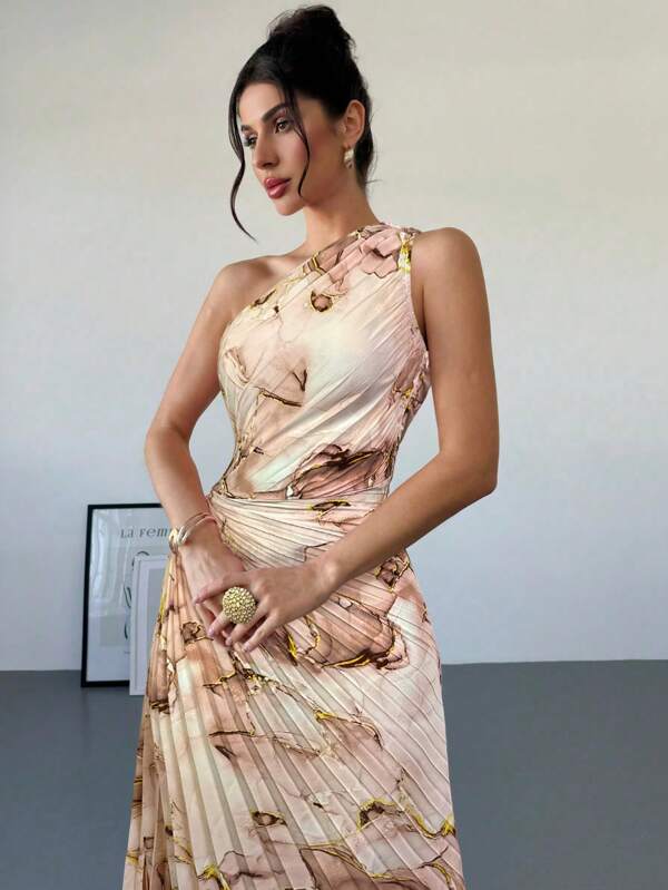 Firerie New Arrival Women's Summer Casual Romantic Elegant Date Asymmetrical Ombre Tie Dye Print Waist Hollow Ruffle Hem One Shoulder Dress,Dresses For Women Summer