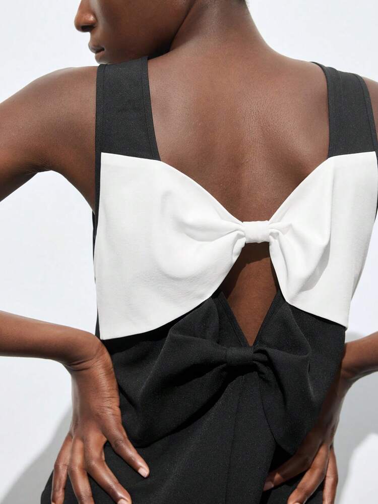 SHEIN Maija Ladies' Black & White Contrast Bowknot Decor Black And White Dress, Versatile Summer/All Season Elegant Casual Urban Fashionable Design, Comfortable Fitted V-Back Bow Accented Black & White Patchwork A-Line Dress, Graceful Ladies' Outfit, Cute For Music Concerts, Business Casual Office Wear, Low-Key Old Money Vibe, High-End Stylish Urban Commute, Editor's Favorite, City Social/Vacation Gathering Party Dress, Charming Graduate Season Short Dress Business Casual Women's Wear, Office Wear, Low-Key Old Money Style, Effortless , High-End Urban Commuting, The Same Style As The Editor-In-Chief Of The Magazine, Urban Social Vacation Party Wear, Charming, Low-Key Basic Style, Versatile And Not Picky Clothing, Street Fashion Wear, Clothing, Coffee Shop, Relaxed Wear