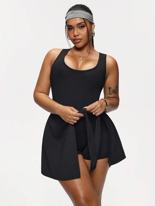 SHEIN Sport Studio Women Plus Size Crew Neck Wrap Front Tie Dress, Spring/Summer