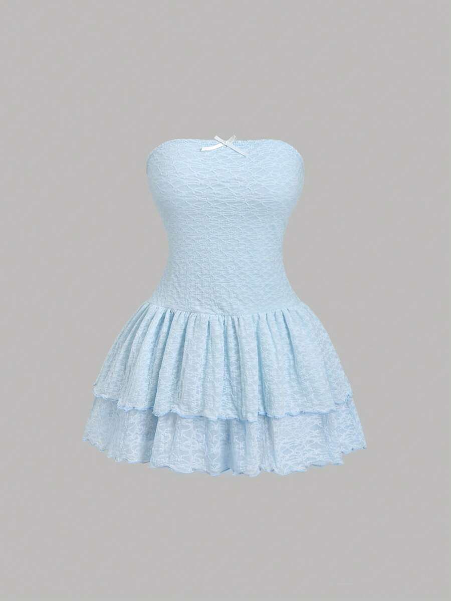 Sweetra 甜美蕾丝露肩层叠荷叶边下摆短款连衣裙，春夏