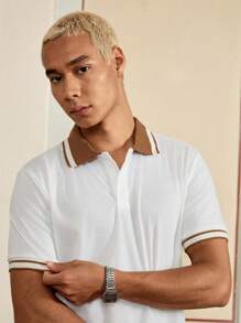 SWAVVY 男士条纹边饰 Polo 衫，半纽扣衬衫，适合丈夫，外出 - 白色 - 查看 4