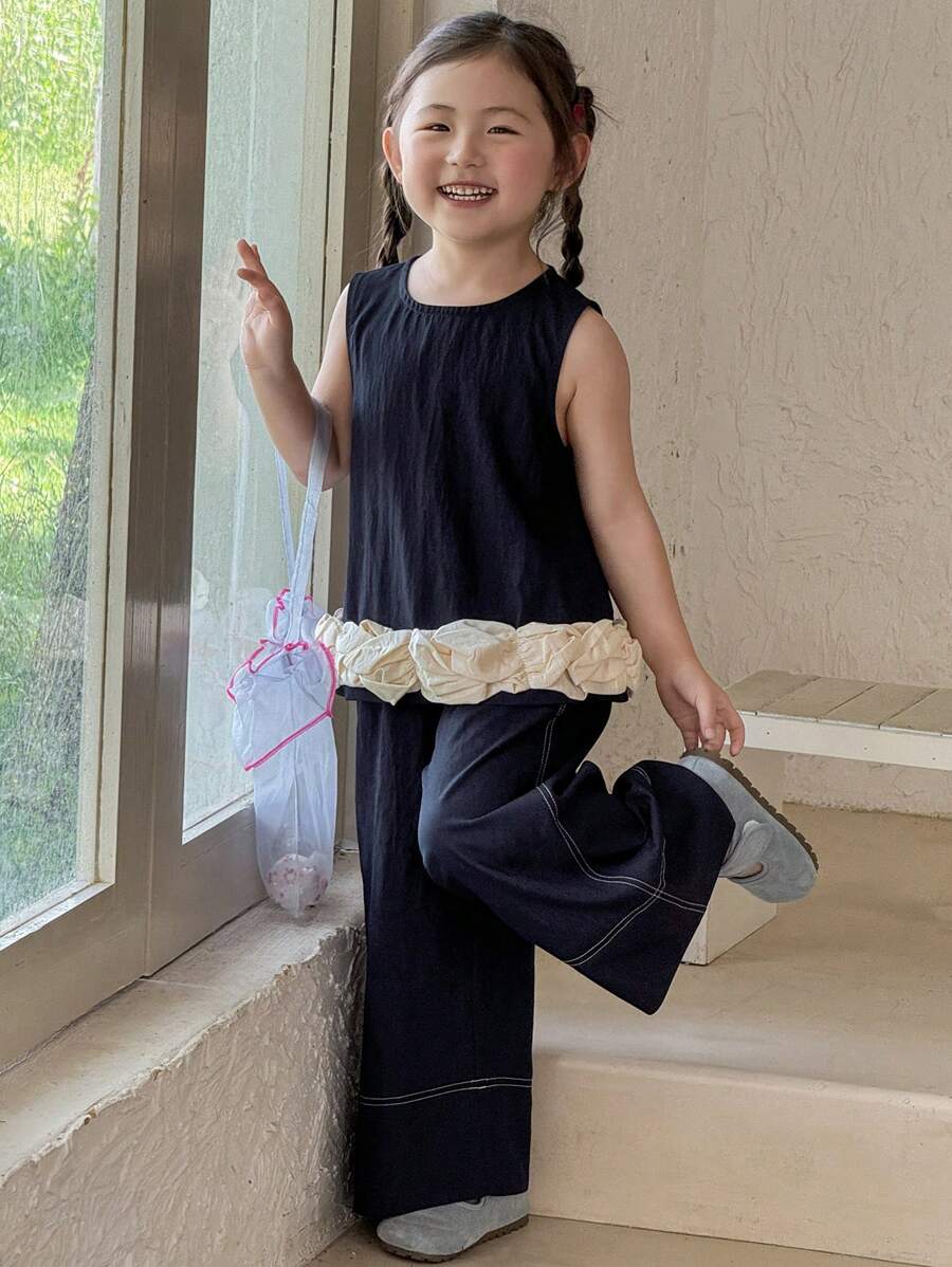 DAZY Young Girls Round Neck 2 In 1 Flower Bud Sleeveless Shirt + Loose Casual Denim Suit,Girls Summer Outfits - Royal Blue - View 1