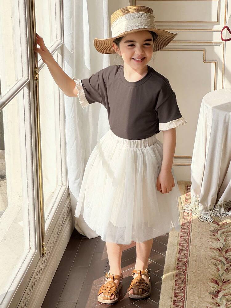 2pcs/Set Young Girls Color-Blocking Short Sleeve T-Shirt & Puff Skirt Set,Girls Summer Outfits