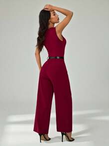 SHEIN PETITE 1pc Women's Burgundy Pleated Wide Leg Loose Jumpsuit With Belt, Casual Style - Burgundy - View 2