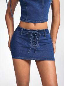 SHEIN ICON Minifalda de mezclilla lavada con cintura baja y cordón - Azul lavado oscuro - Ver 3