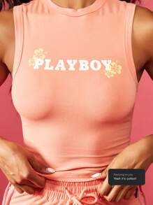 Missguided x Playboy Top atletico estivo senza maniche, canotta crop top per allenamento, top sportivo da corsa con stampa floreale di ibisco hawaiano, schiena aperta, per palestra, allenamento, fitness