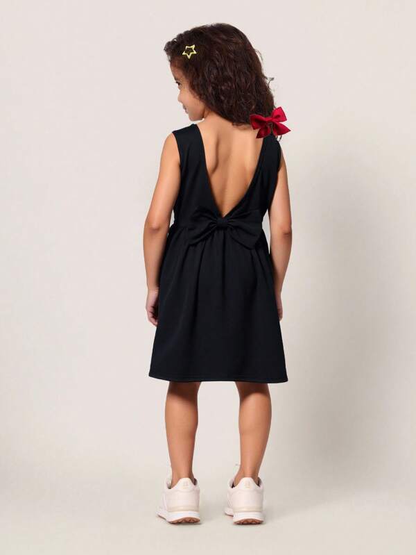 SHEIN Kleine Mädchen Lässig vielseitig bequemes ärmelloses Kleid mit rundem Ausschnitt, V-Ausschnitt hinten und Schleife, Farbblock-Strick, geeignet für den Arbeitsweg, Schule, täglichen Lässig-Stil, Reisen, Sport, Frühling/Sommer