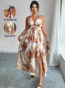 Elenzga Großer Größen Lässig Kleid mit Allover Blumen Muster, ärmellos mit Schlitz und geraffter Taille, geeignet für Sommerstrand - Verschiedenfarbig - Übersicht 1