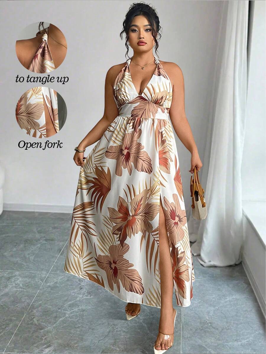 Elenzga Großer Größen Lässig Kleid mit Allover Blumen Muster, ärmellos mit Schlitz und geraffter Taille, geeignet für Sommerstrand - Verschiedenfarbig - Übersicht 1
