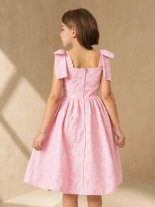 SHEIN Girls Jacquard Floral Dress With Removable Bow Strap, Elegant - Pink - View 2