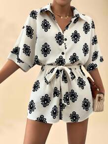 SHEIN LUNE Bộ đồ liền thân in họa tiết tay cánh dơi cổ buộc cho nữ - Nhiều màu - Xem 4