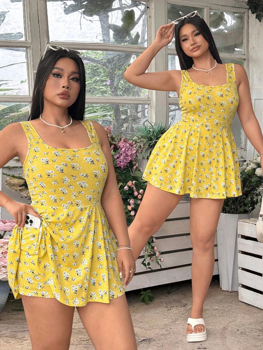 SHEIN EZwear 大码女式碎花无袖连体裤，带口袋 - 黃色 - 查看 1