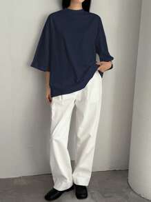 Dazy-Less Camiseta de manga corta de cuello alto, de unicolor, minimalista y de uso informal para oficina, para mujer