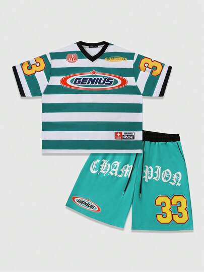 Prep Set de 2 piezas con camiseta casual de manga corta escote en V con estampado de letras y pantalón corto con cordón en la cintura para hombre