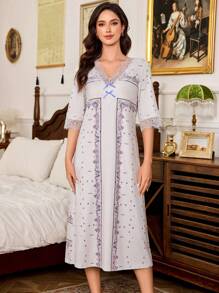 Trezura Women's V-Neck Contrast Lace Vintage Floral Print Nightgown - Multicolor - View 5
