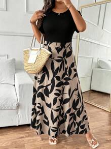 SHEIN Frenchy 大码休闲简约印花拼布长款修身连衣裙，针织面料，适合休闲度假，休闲家居服，绿色连衣裙 - 卡其色 - 查看 8