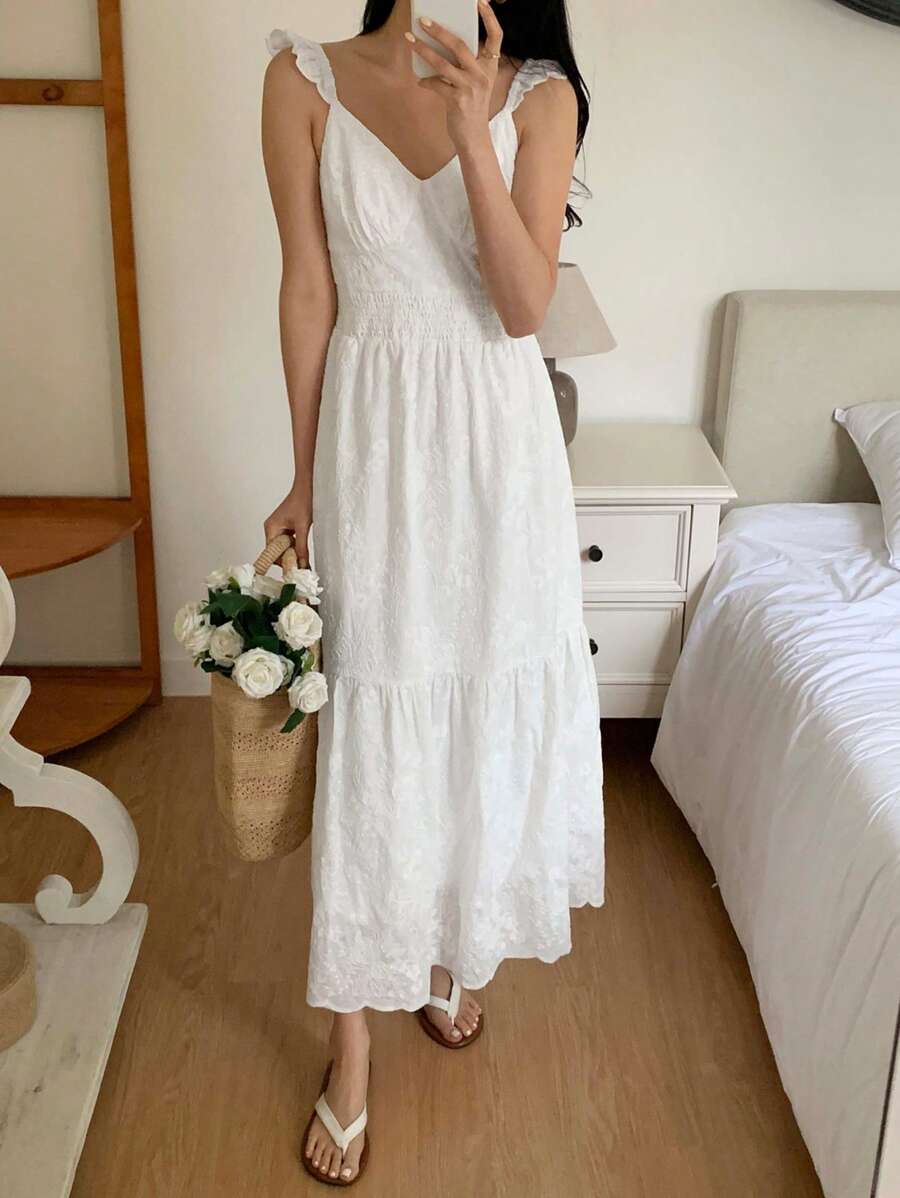 DAZY Women's Floral Jacquard Gathered Waist Short Cap Sleeve Midi Dress,Casual Women Dresses