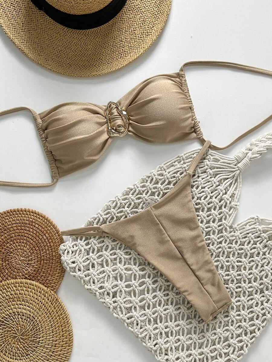 Swim Chiccia Bộ bikini gợi cảm không dây buộc màu trơn dành cho nữ mùa xuân - Màu Khaki - Xem 1