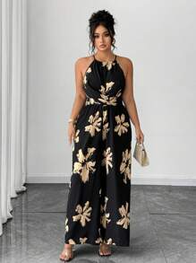 Elenzga Plus Size Women's Floral All-Over Print Sleeveless Casual Jumpsuit, Summer