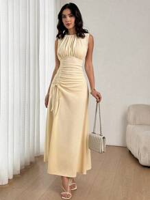 Firerie Women's Elegant Apricot Solid Color Round Neck Short Sleeve Pleated Waist Drawstring Casual Maxi Dress, Suitable For Summer Commute And Daily Wear, Business Casual Ladies' Easter Dress, Dignified,Graduation,Teacher Outfits For Women,Teacher Dress - Apricot - View 2