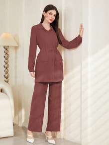 Mulvari 勃艮第红色女士纯色简约休闲长袖上衣和裤子套装 2 件套 - 中紫紅色 - 查看 6