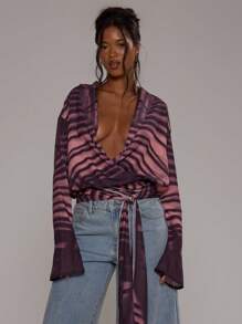 MUSERA Collared Plunge V Neck Chiffon Patterned Wrap Waist Long Sleeve Top Vacation Holiday Elegant Beachwear Boho Romantic Ibiza Occasion Holiday Cute Tops Beachwear Going Out Tops Club  Fall Winter - Pink - View 1