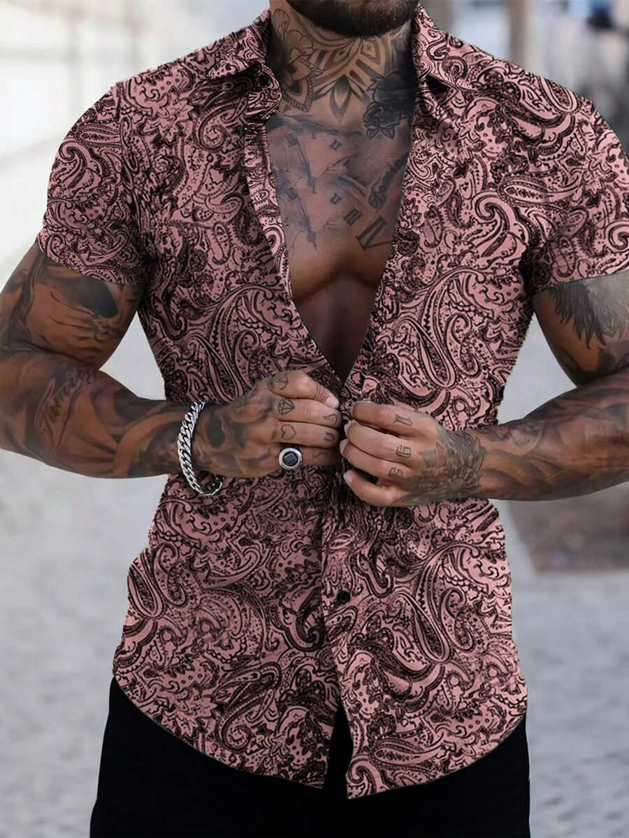 Manfinity Homme Short Sleeve Shirt For Men, Fashionable For Summer - Pink - View 1