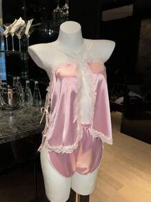 SilkySpell 2 pièces Set de pyjama femmes sexy avec fente ouverte, garniture en dentelle et satin bicolore sans manches