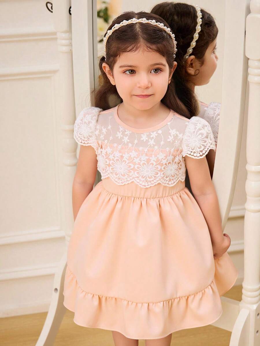 SHEIN Glamorique Kids Vestido de niña bebé con cuello redondo, bajo con volantes y parches de encaje floral, para primavera/verano