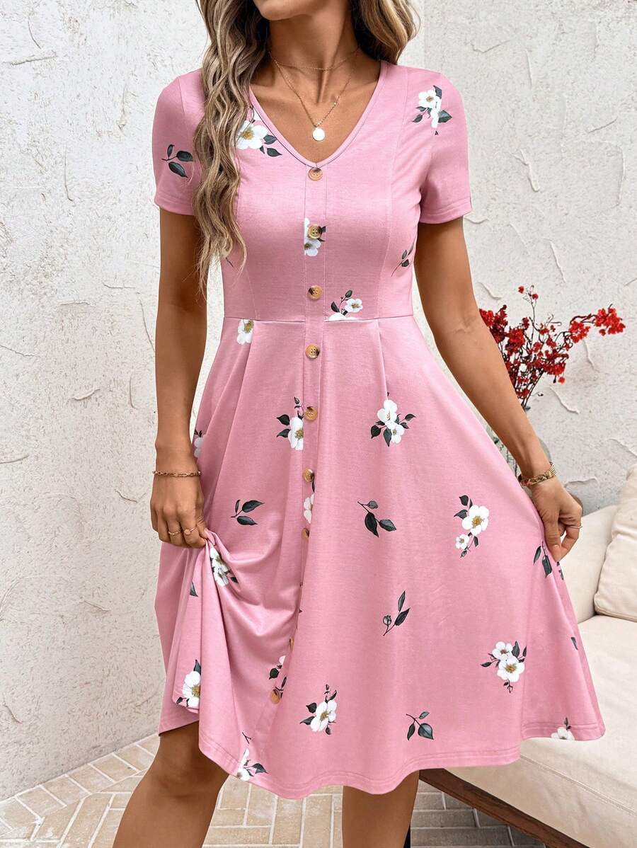 SHEIN Clasi V-Neck Button Red Polka Dot Waist Cinched Women Dress,Spring Clothes,Valentine's Day Dress,Dresses For Women Summer - Pink - View 1