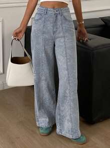 Livesso Jeans casuales rectos de mujer con diseño dividido de tela jacquard texturizada - Lavado ligero - Ver 6