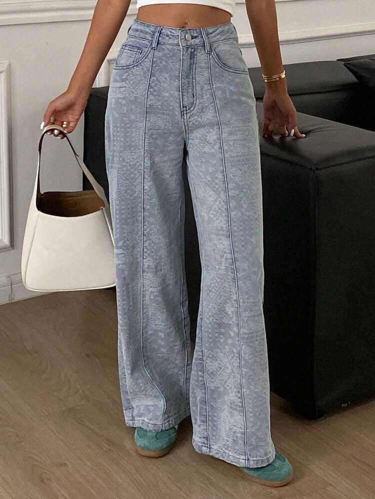 Women's Textured Jacquard Fabric Split Design Straight Leg Casual Jeans