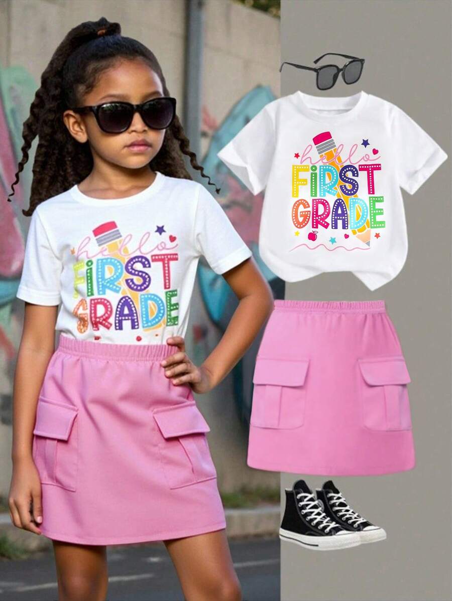2pcs/Set Young Girls Commuter Casual Top With Printed Graphics And Plain Color Shorts, Spring/Summer Girls Clothes Back To School Outfit Girl First Grade Clothes Girl Summer Holiday